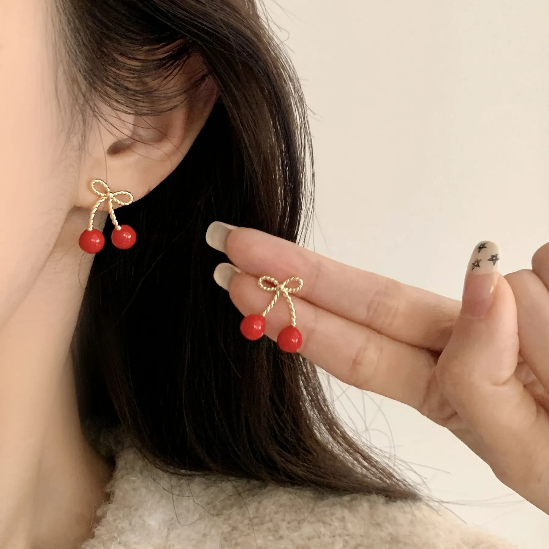 Authentic Sam Panda 925 Sterling Silver Bowknot Earrings for Women Cherry Texture Cute Sweet Romantic Elegant Jewelry