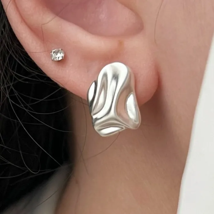 Authentic Sam Panda 925 Sterling Silver Studs Earring for Women Vintage Crinkled Frosting Punk Rock Jewelry Party