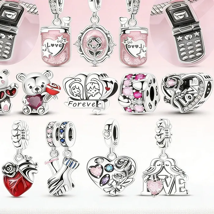 Authentic Original Charms 925 Silver Heart Rose Bear Bead Pendant Fit Original Bracelets Bag Charms Women DIY Jewelry Valentine's Day
