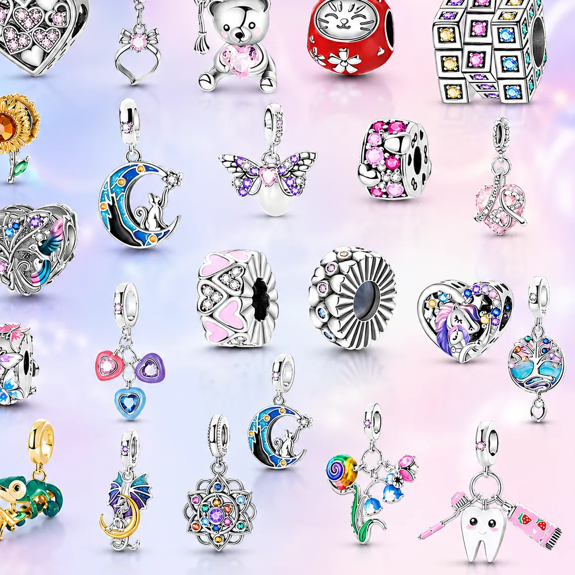 Authentic Enchanted Harmony: Sterling Silver Charms of Rainbow Joy