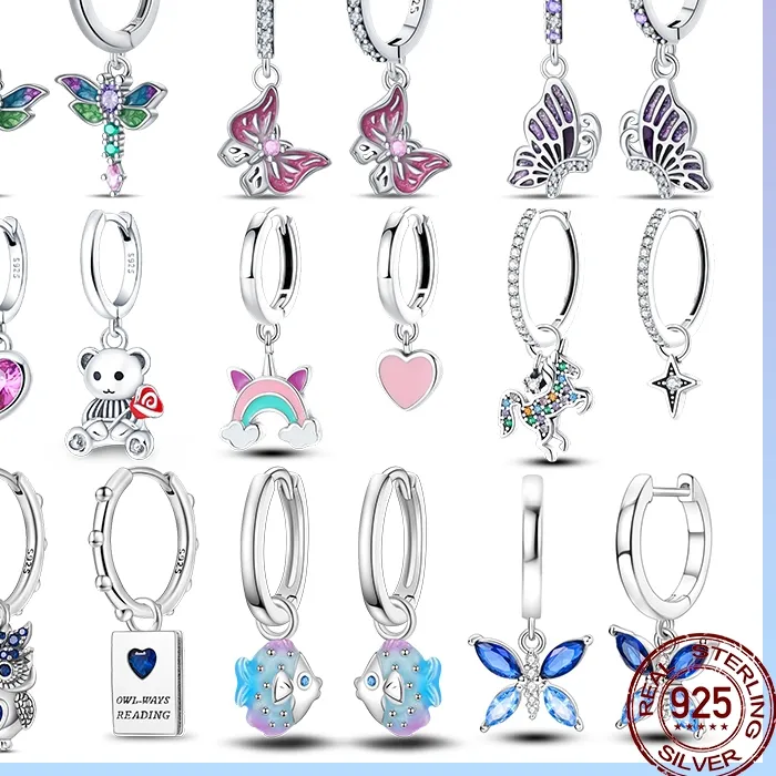 Authentic 925 Sterling Silver Shiny Zircon Butterfly Dragonfly Bear Cute Series Women's Earrings Earrings Luxury Exquisite Party Jewelry