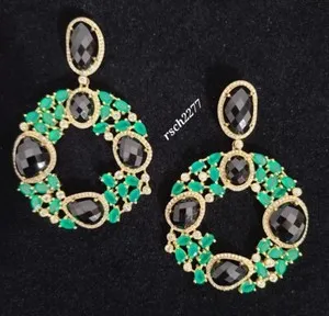 Authentic Rarities Gold-Plated Onyx, Green Agate and Zircon Dangle Earrings-Pierced-NWT