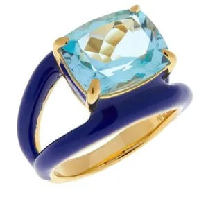 Authentic Rarities Gold Plated Sterling Silver Blue Topaz Enamel Split Shank X Ring Size 6