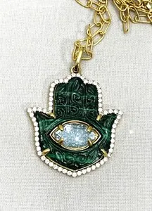 Authentic Rarities Gold-Plated Malachite Blue Topaz, Wh. Zicon Hamsa 20" Chain