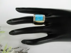 Authentic Gold-Plated Turquoise Ring Rarities Sterling Silver Size 7 White Zircon