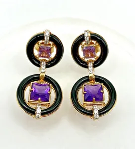 Authentic RARITIES Gold-Plated Onyx, Zircon, & Amethyst Drop Earrings - Pierced - NIB