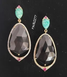 Authentic Rarities Sterling Silver Gold Plated Black Onyx Amazonite Drop Earrings-NWT-$198