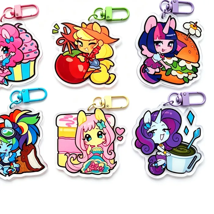 Authentic Acrylic Keychain - Applejack, Twilight Sparkle, Rainbow Dash, Fluttershy, Rarity Chibi Food Theme Bag Charm for Fans