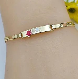 Authentic Beautiful 14K Gold Plated Figaro Bracelet. Stars ID Plate. 5.7in L. Little Girl