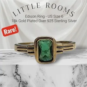 Authentic Little Rooms Edison Ring 18k Gold Plated Silver Green Rectangular Stone Sz 6