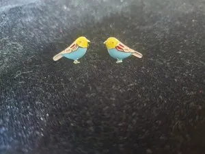 Authentic Little Colorful Bird Earrings Studs Gold Plated Signed Sterling Silver 925