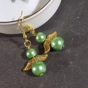 Authentic Little Guardian Angels Green Gold Plated Glass Pearl Earrings