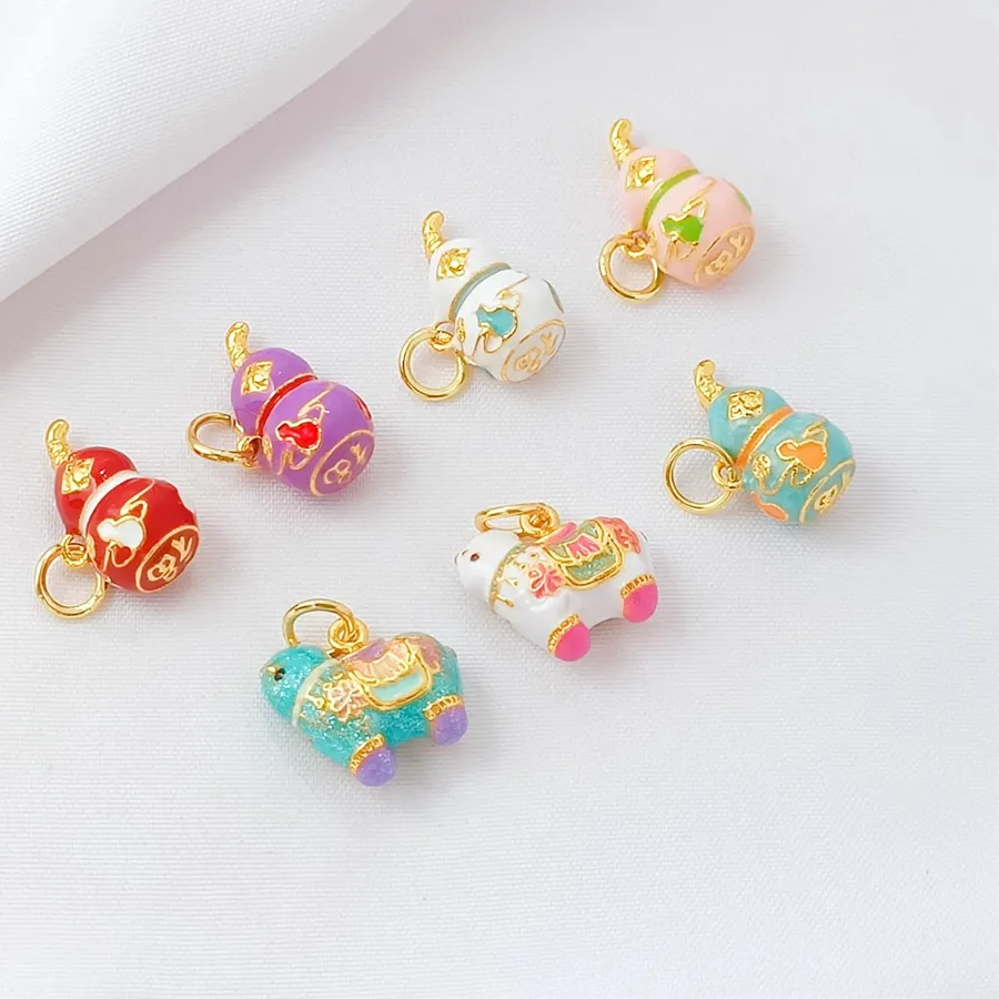Authentic 14K Gold-plated Blue Enamel Gourd Little Horse Pendant, Diy Hand-woven Rope Bracelet, Beaded Jewelry Accessory