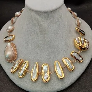 Authentic 20" Freshwater White Keshi Biwa Pearl 24 K Yellow Gold Plated Necklace