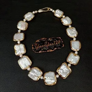 Authentic 18.5" White Square Keshi Pearl Gold plated Necklace