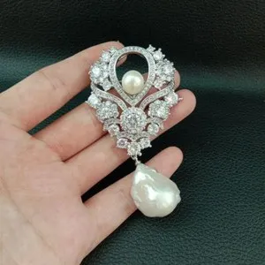 Authentic Moonlit Pearl And Cubic Zirconia Brooch Of Lunar Grace