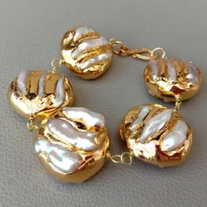 Authentic 8.5" White Keshi Pearl 24 K Yellow Gold Plated Bracelet