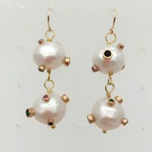 Authentic 12mm Cultured White Keshi Pearl Cz pave Gold Plated Hook Earrings