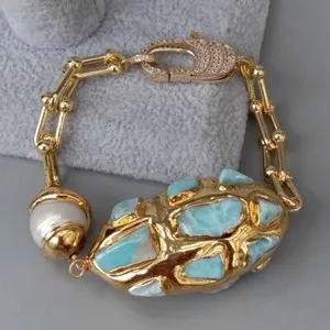 Authentic 8" Cultured White Keshi Pearl Blue Larimar Gold Plated Chain Bracelet