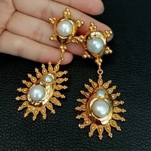 Authentic 24 K Yellow Gold Plated Keshi Pearl Stud Earrings