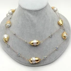 Authentic 40'' White Keshi Pearl 24 k Gold Plated Chain Long Necklace