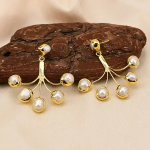 Authentic Big Cultured White Keshi Pearl Gold Plated Pearl Stud Dangle Earrings Gifts