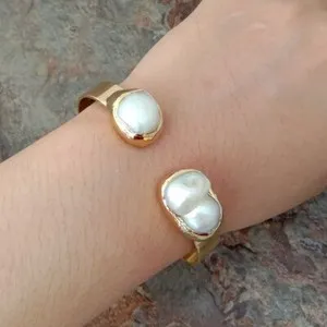 Authentic 15x21MM White Keshi Pearl 24 K Gold Plated Bangle Bracelet