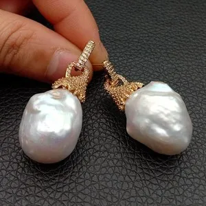 Authentic Freshwater White Keshi Pearl Gold Plated Cz Pave Stud Earrings