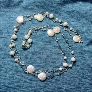 Authentic Cultured White Keshi Pearl White Gold Plated Long Necklace 42"
