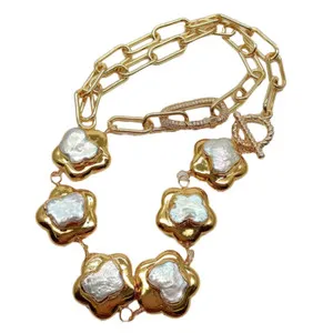 Authentic 20" natural Cultured White Keshi Flower Pearl gold plated link Chain Necklace