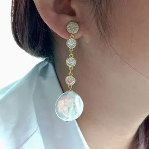 Authentic White Coin Keshi Pearl Gold Plated Chain Stud Earrings