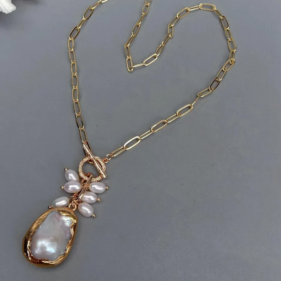Authentic KKGEM 22x30mm Natural White reborn Keshi Pearl Pendant Gold Plated Chain Necklace Simple Natural Pearl Jewelry Dropship