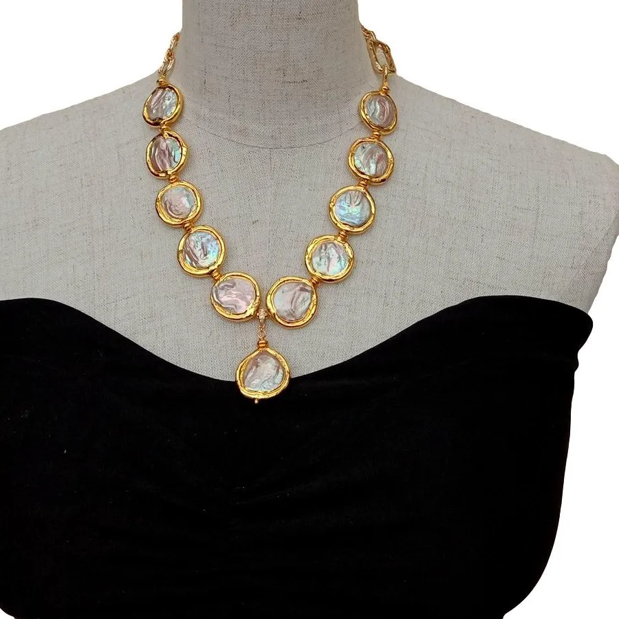 Authentic KKGEM 18" luxury Natural 21mm Cultured Freshwater Pink Coin Keshi Pearl Pendant Gold Plated chain choker Necklace