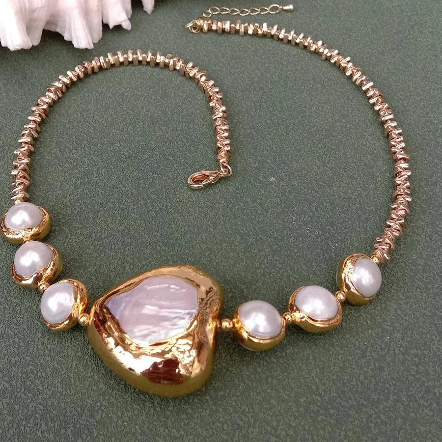 Authentic Yygem 30X33Mm Cultured White Keshi Pearl Heart Shape Chorker Necklace Gold Plated Chain Necklaces