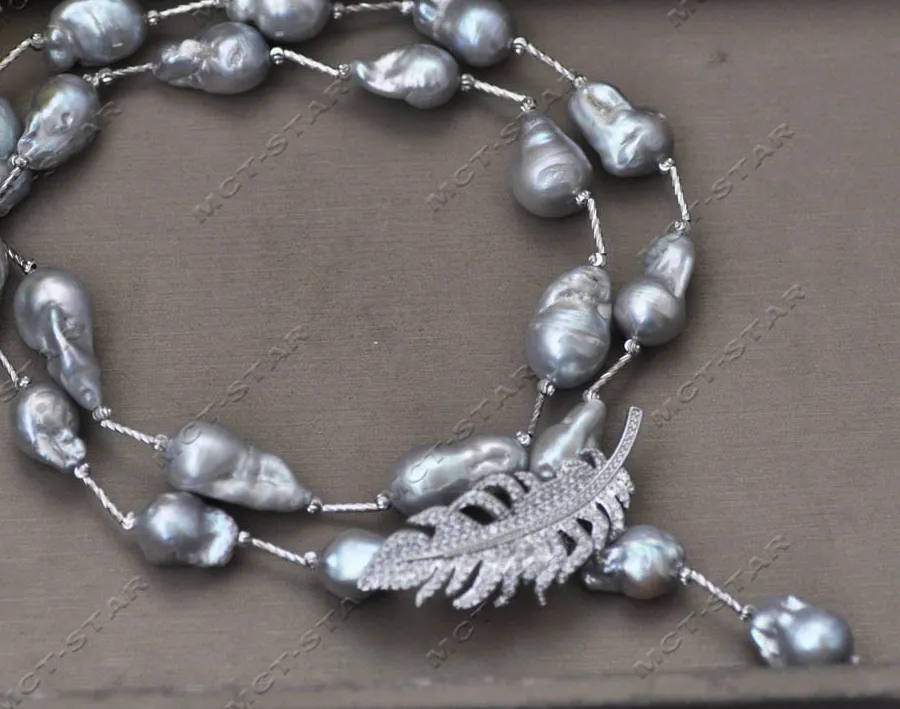 Authentic Z13515 27'' 24Mm Gray Drop Baroque Keshi Reborn Pearl Necklace Pendant Cz Feather Custom Jewelry