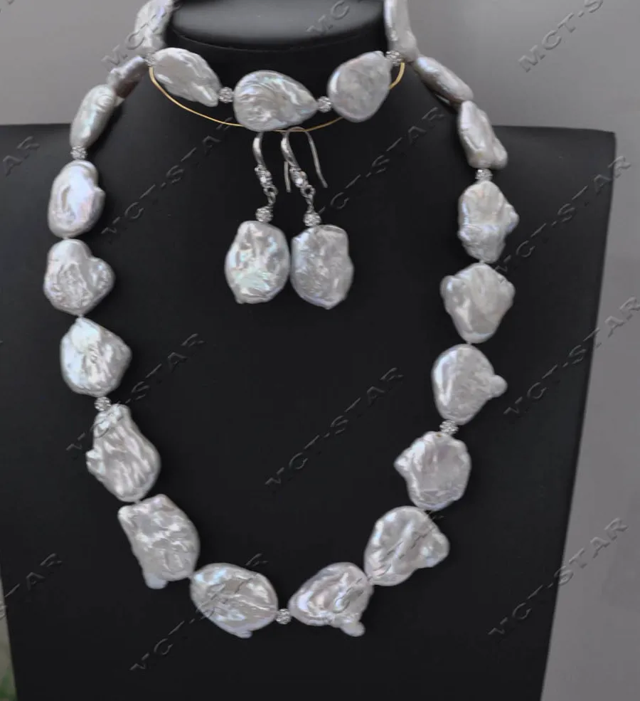 Authentic Z13621 Set 18" 25mm White Baroque Keshi Pearl CZ Necklace Bracelet Earring Custom Jewelry