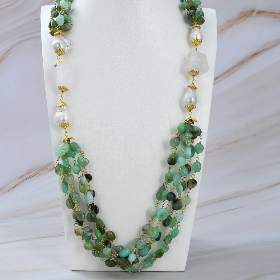 Authentic GuaiGuai Jewelry 5Strands Natural Green Chrysoprase Quartz Rough White Keshi Pearl Necklace 30"