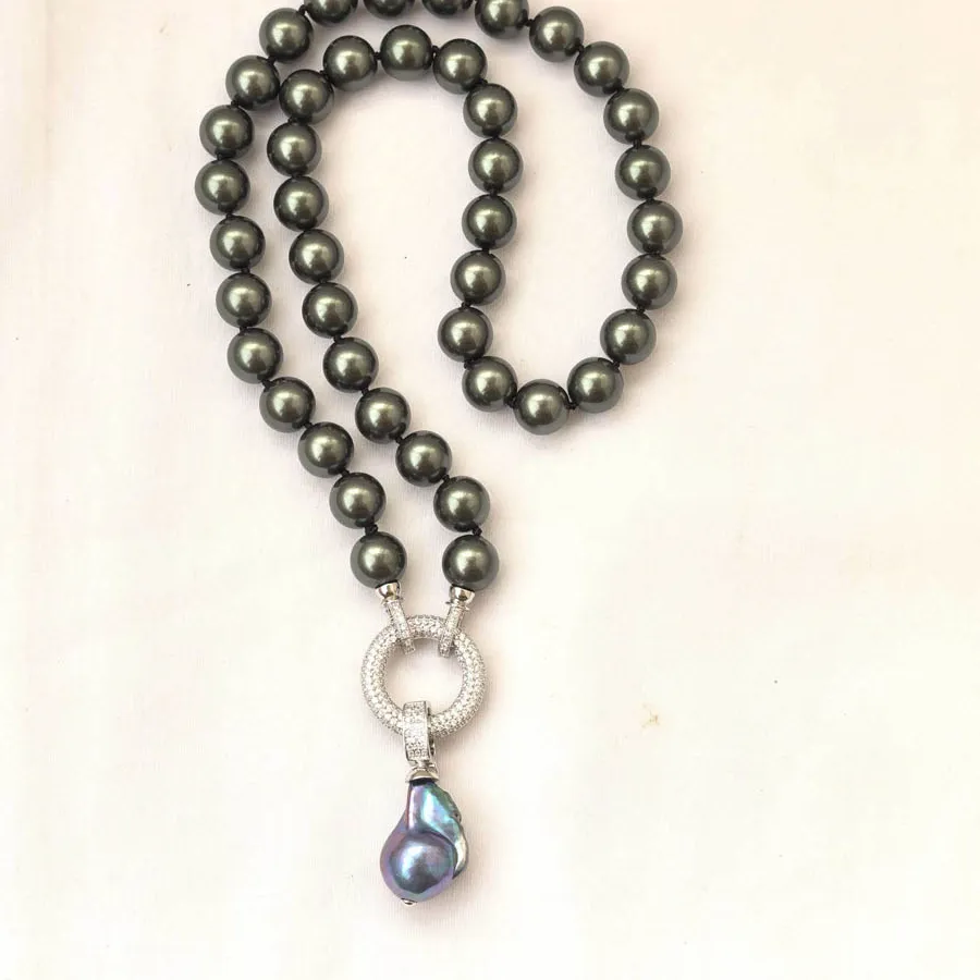 Authentic MTC·STAR 21" 22mm White Black Keshi & Round shell Pearl Necklace Pendant CZ （P7682）