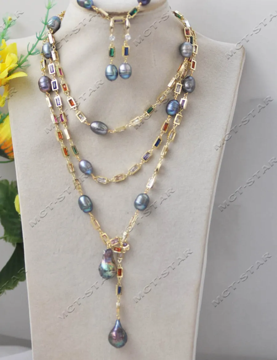 Authentic Mtc Star Z13343 52 Black Keshi Pearl Mixed Color Rectangle Cz Chain Sweater Chain Necklace Bracelet Earring