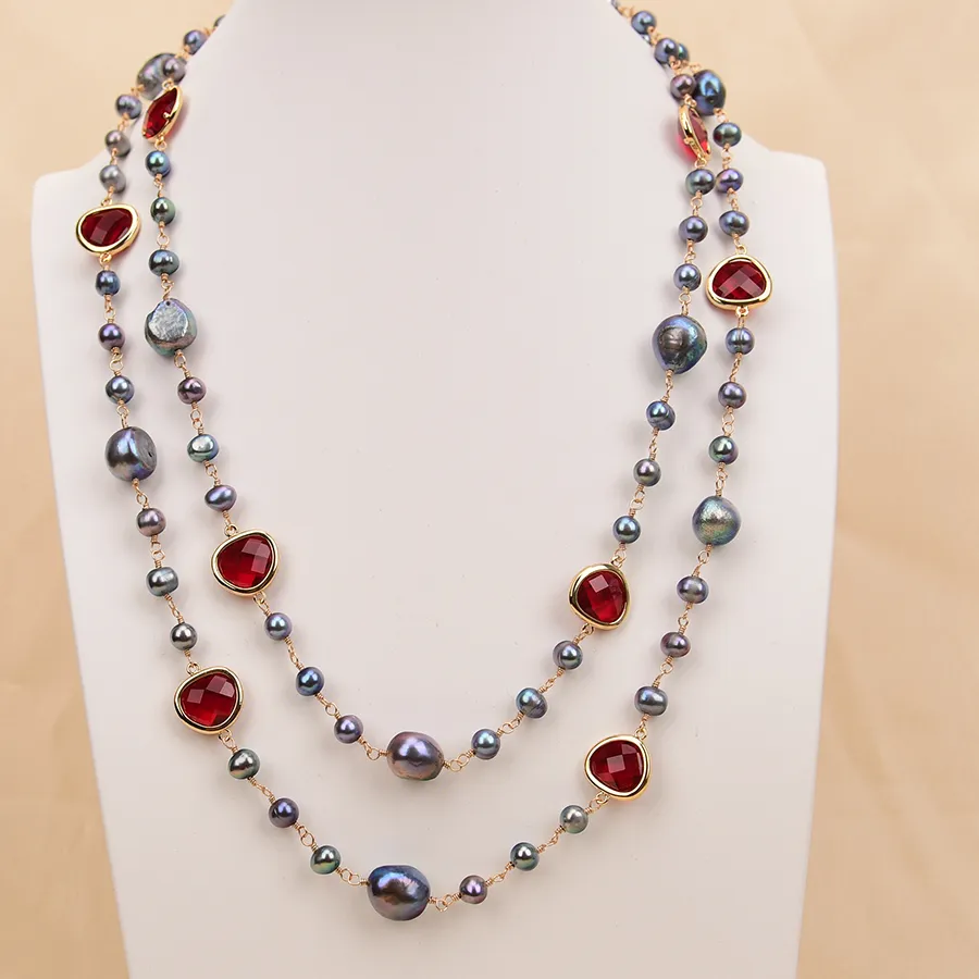 Authentic G-G 44" Natural Pearl Black Baroque Keshi Pearl Red Crystal Connector Long Necklace