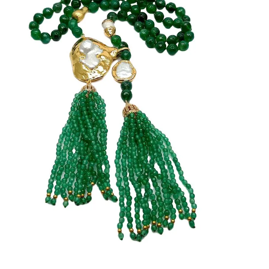 Authentic KKGEM Faceted Round Green Agate Cultured Big 54x60mm White keshi Pearl Tassel Long sweater chain Necklace 105cm