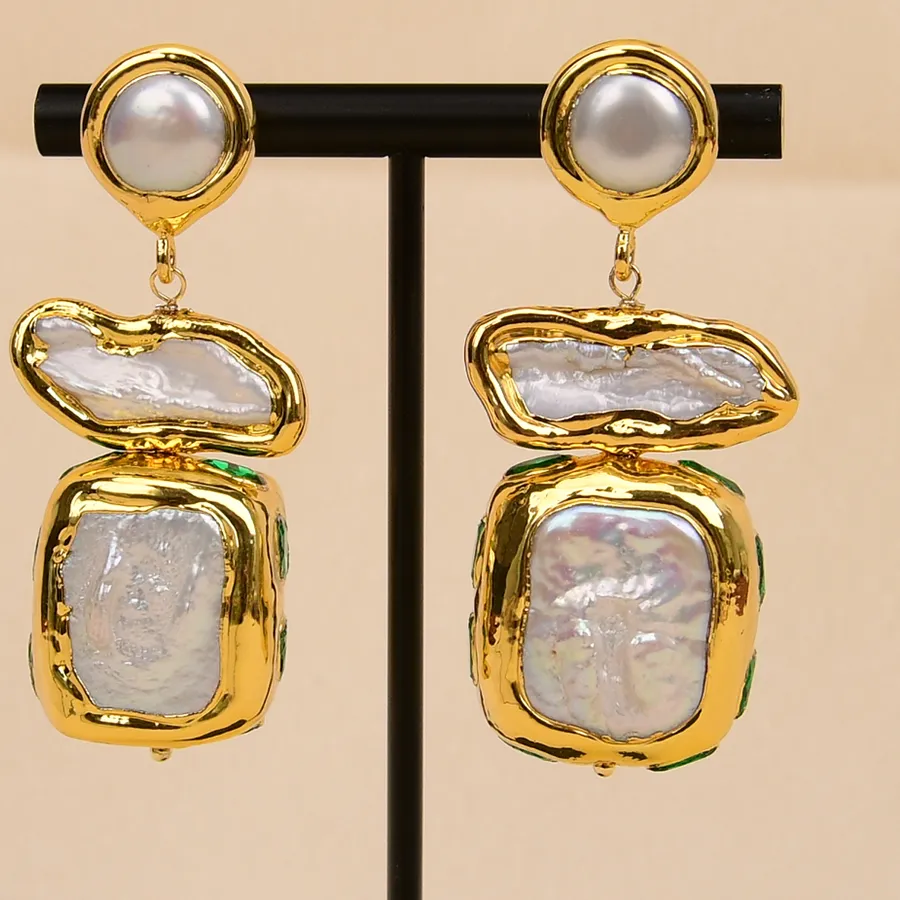 Authentic Whispers of the Tides: Biwa Pearl and Verdant Crystal Talisman Earrings