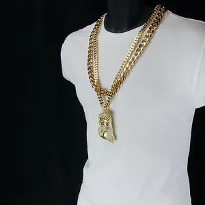 Authentic Gold Plated Jesus Piece Pendant Cubic-Zirconia Two 30" Cuban Chain