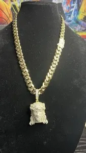 Authentic 14k gold Plated 24” 14mm Cuban w 5Acz lock and Jesus pendant iced out