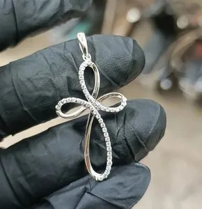 Authentic 1.00Ct Round Cut Lab Created Diamond Jesus Cross Pendant 14K White Gold Plated