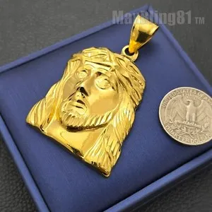 Authentic Jesus Portrait Holy Gold Plated Pendant & 14K Stamped Cuban Chain Necklace