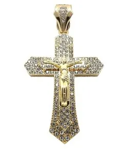 Authentic Gold Plated Cubic Zirconia Large Jesus Cross Charm Franco Cuban Chain Necklace