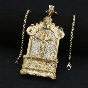 Authentic 14k Gold Plated XL Last Supper Jesus Temple Pendant Cubic-Zirconia 24" Box Chain