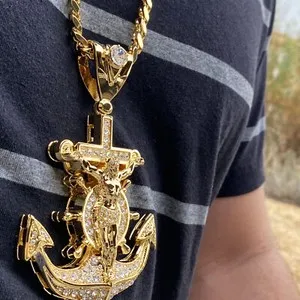 Authentic 18K Gold Plated Huge Mariners Anchor Cross Jesus Cuban Chain Flooded Out CZ 30"