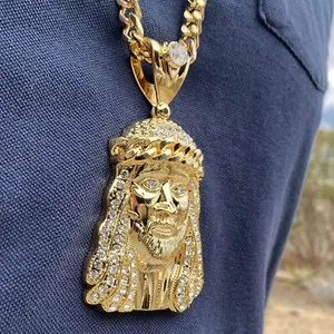 Authentic 18K Gold Plated Huge Jesus Head Pendant CZ Necklace Hip Hop Cuban Link Chain 30"